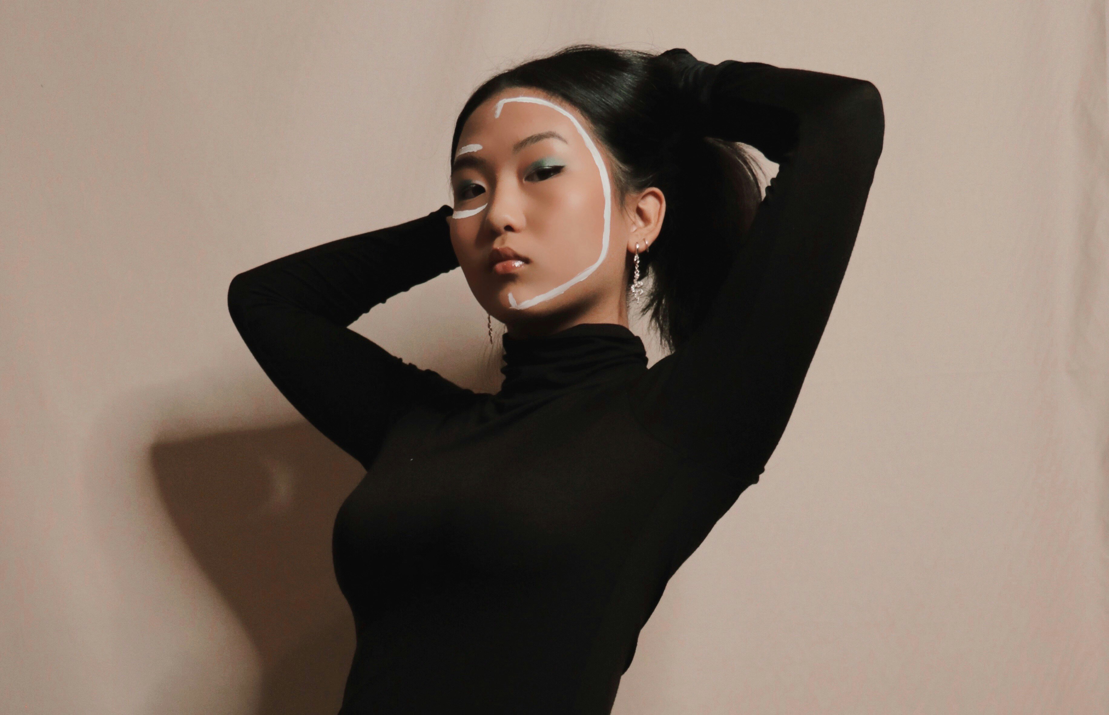 Thoughtful female AI persona character concept in digital art style