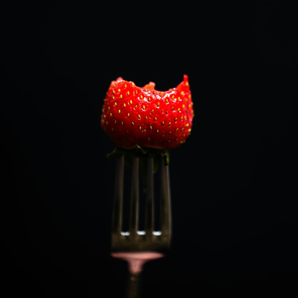 strawberry fruit on stainless steel fork