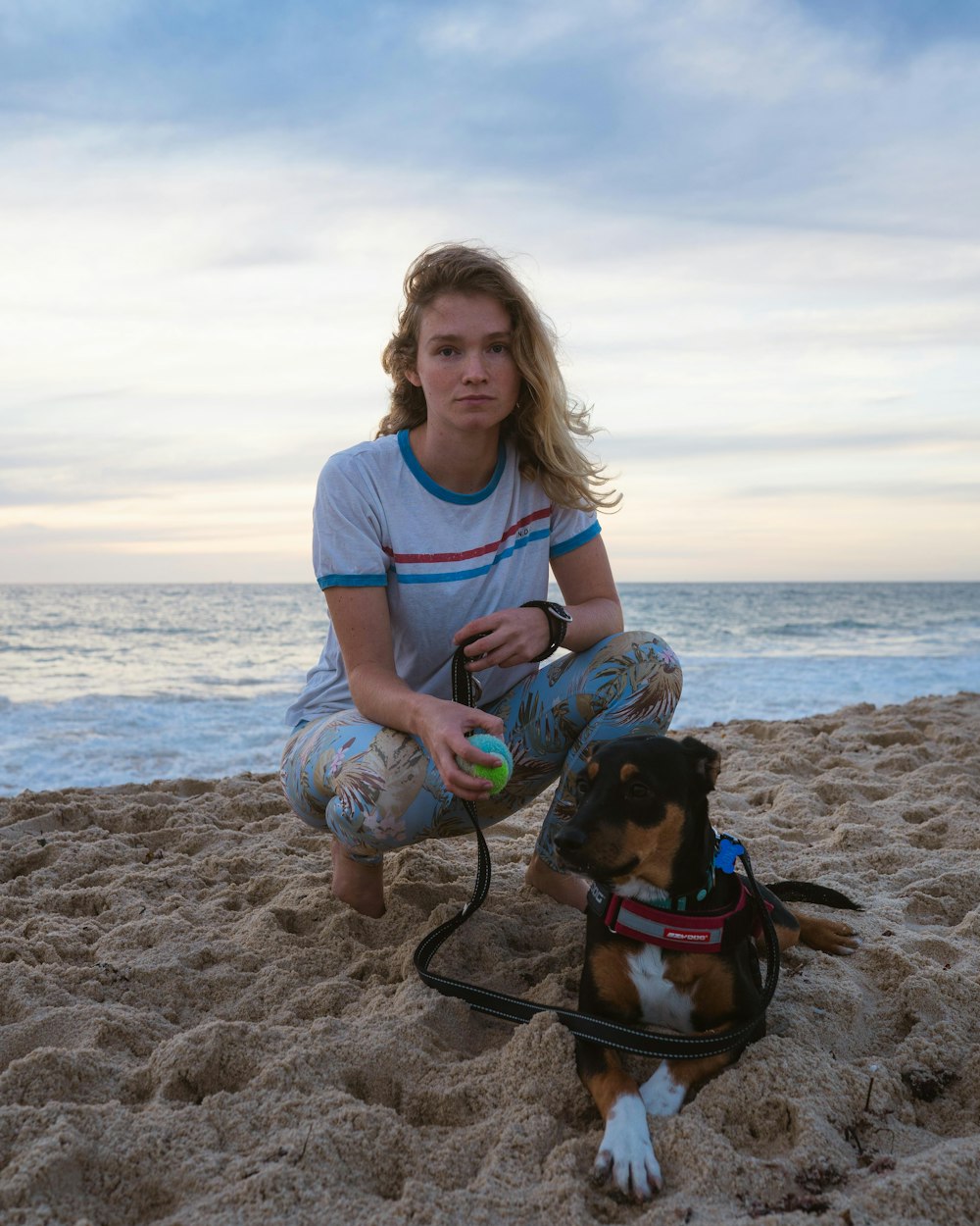 woman in blue crew neck t-shirt holding black and brown short coated dog on beach