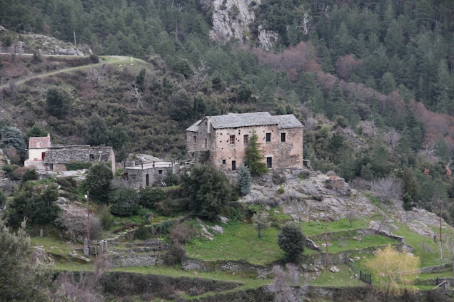 A rustic stone house is situated on a rocky hill surrounded by dense greenery and trees. The landscape is dominated by earthy and green tones, with a slightly overcast sky that suggests a tranquil, secluded setting. The house has a simple architectural style with a stone roof and appears to be an older, possibly historic structure.