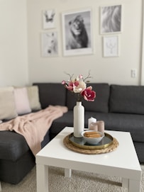 Cozy living room scene featuring essential home items like soft throw pillows, scented candles, and decorative vases on shelves.