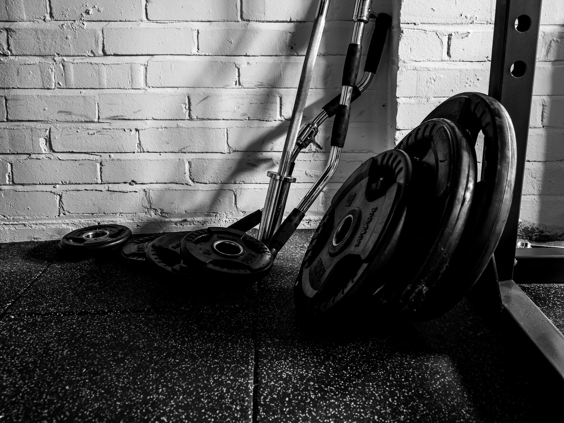 black and gray barbell and black dumbbells