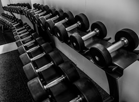 A row of neatly arranged dumbbells on a rack in a gym setting. The weights vary in size and are aligned against a light-colored wall, creating a symmetrical and organized appearance. The photo is in black and white, emphasizing the metal and rubber textures of the dumbbells.
