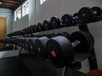 black and gray dumbbells on black rack