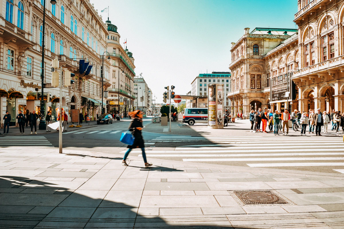 Vienna State Opera and surrounding streets in the warm light of evening