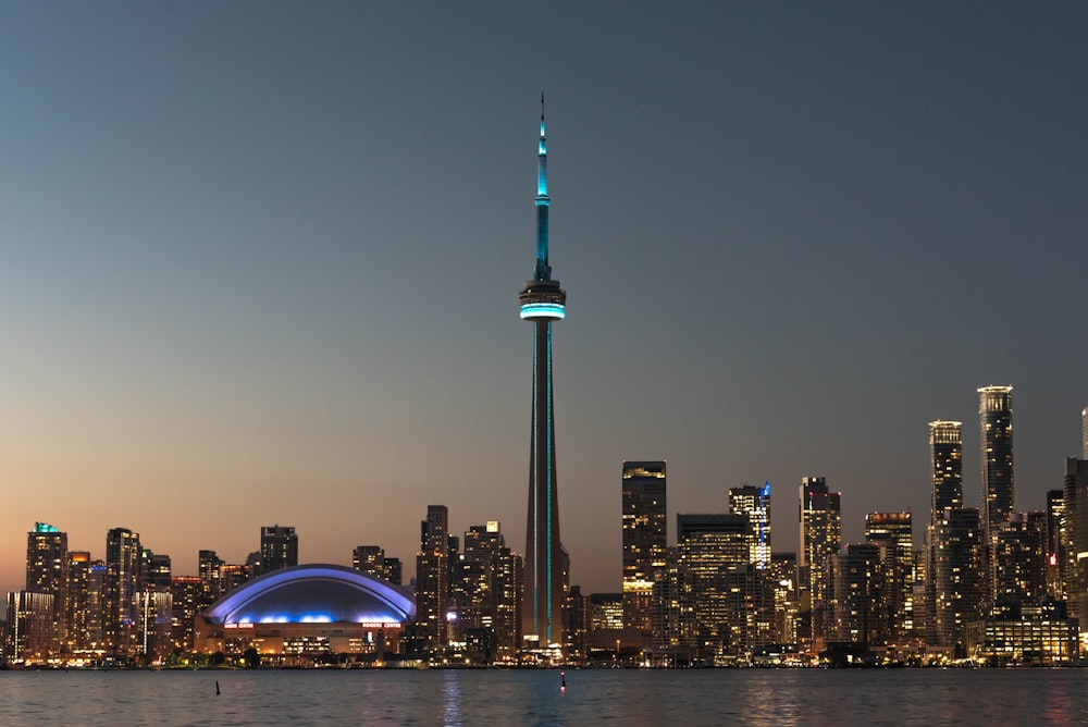 city skyline during night time