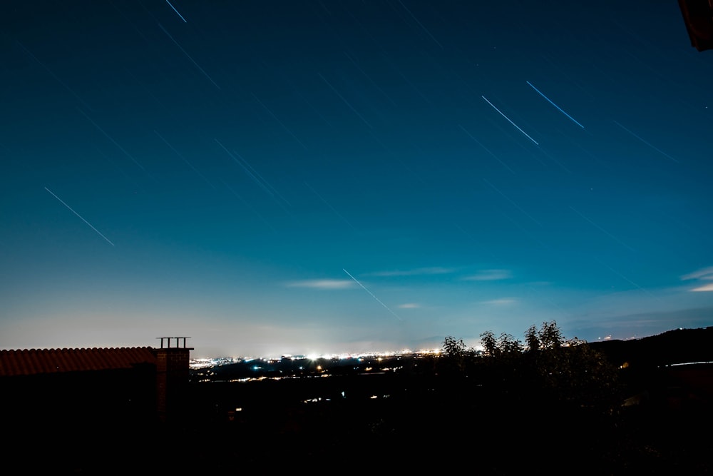 silhouette of trees and buildings during night time