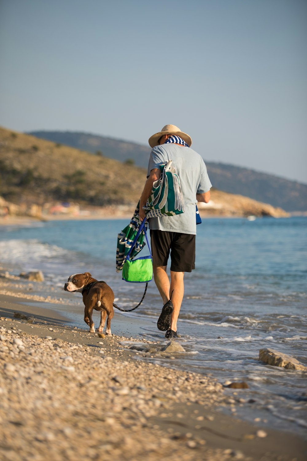 woman in white jacket and brown short standing beside brown short coated dog on beach during