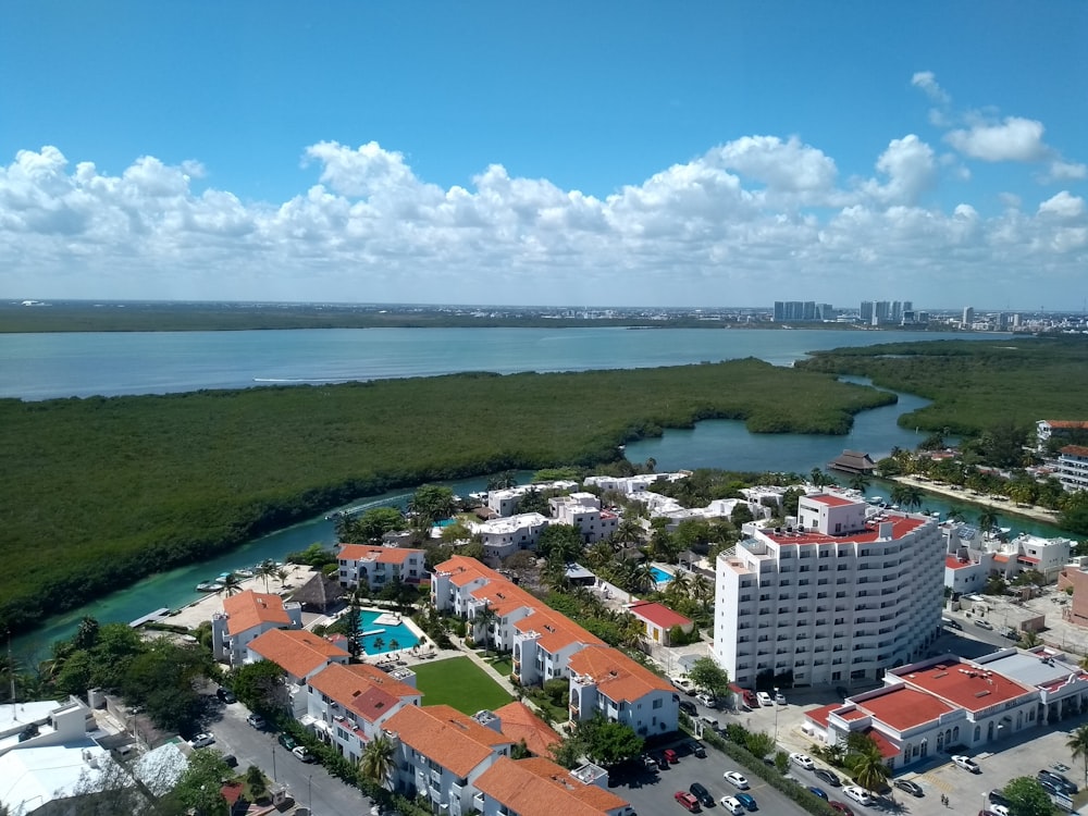 aerial view of city buildings near body of water during daytime