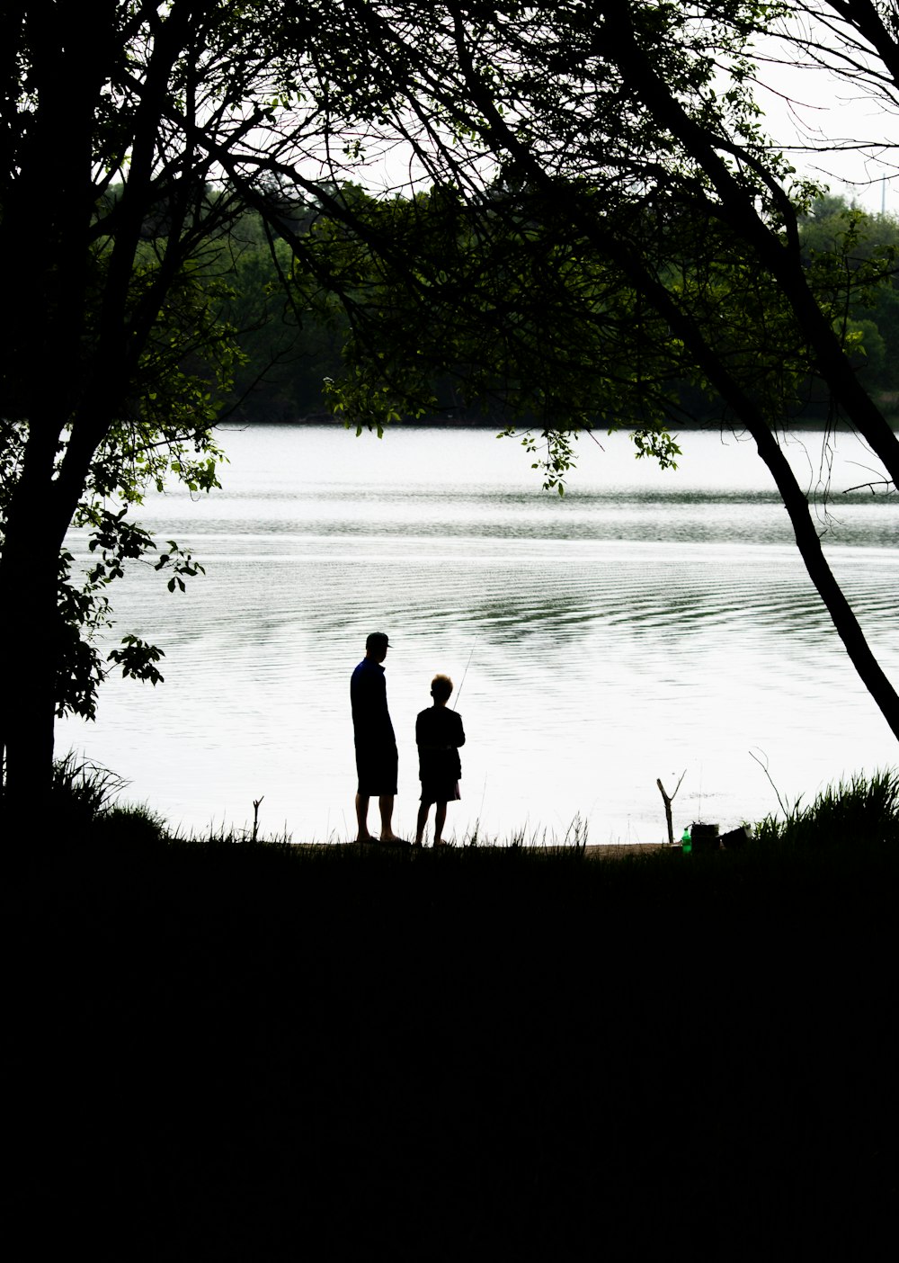 silhouette of couple standing near body of water during daytime