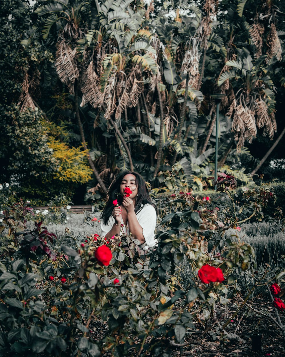 woman in white shirt and red pants standing on red flowers surrounded by trees during daytime