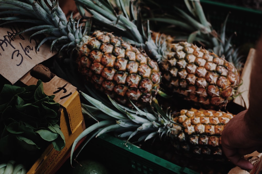 pineapple fruit on green plastic crate