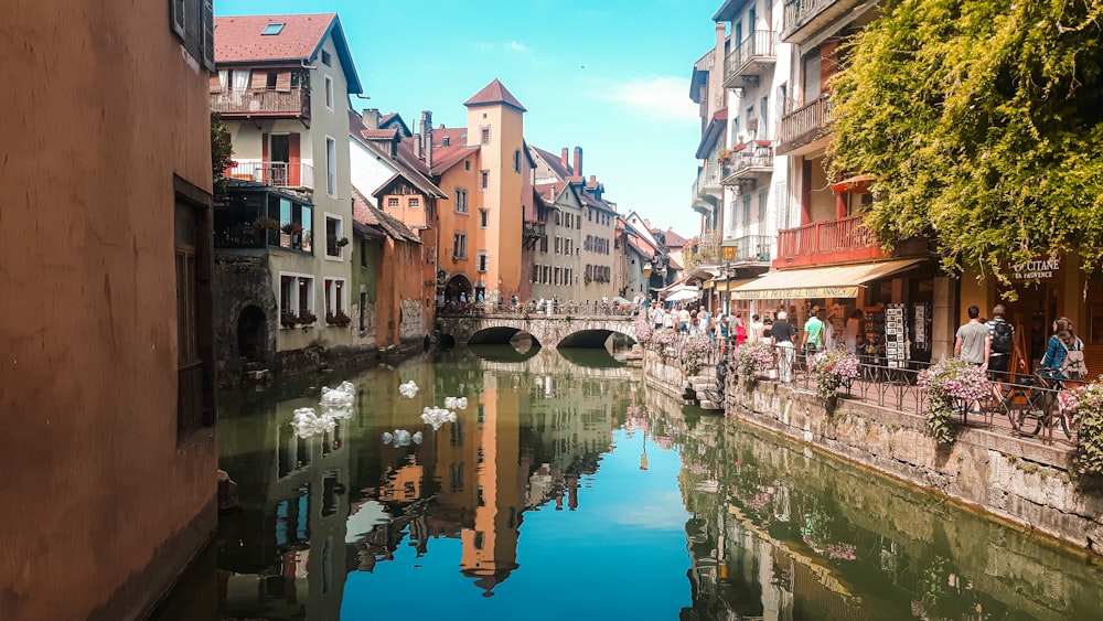 fiume tra gli edifici in cemento durante il giorno