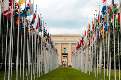 A panoramic view of the United Nations headquarters with flags waving.