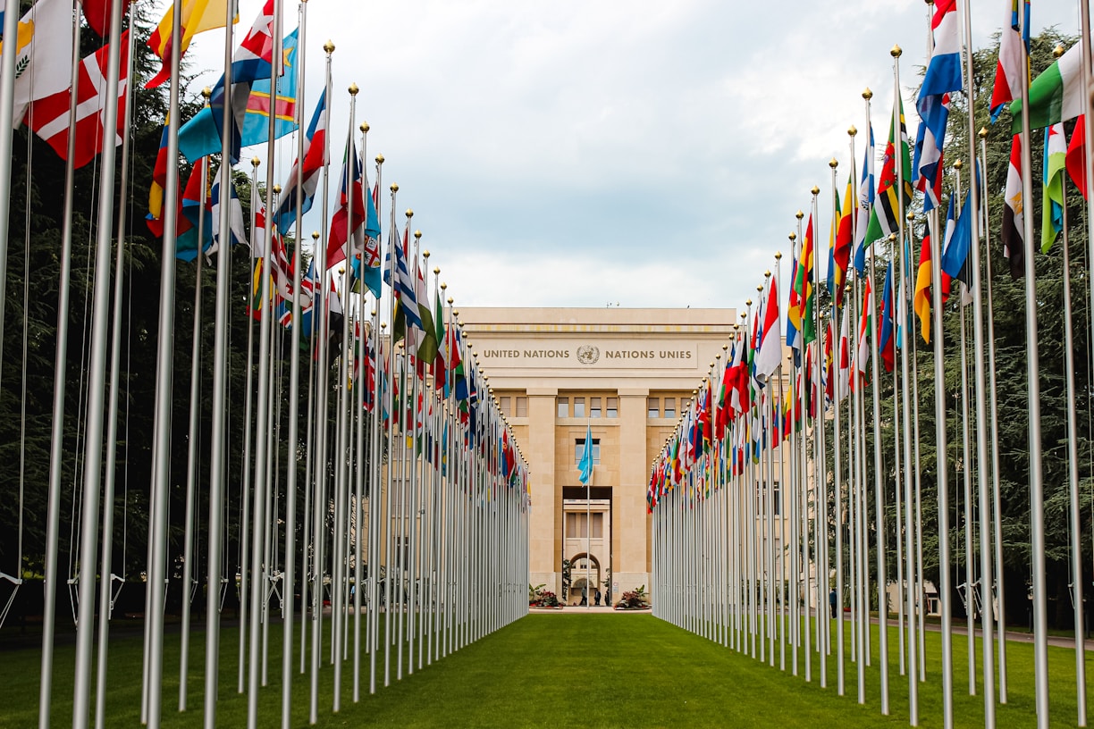 A symmetrical display of international flags lines a pathway leading to a large, official building with the inscription 'United Nations' on its facade. The flags are numerous and vibrant, representing various countries, creating a sense of global unity and diplomacy. The setting is formal and the day appears cloudy, contributing to a solemn atmosphere.