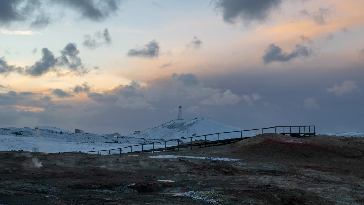 Reykjanes Lighthouse and geothermal landscape in Iceland