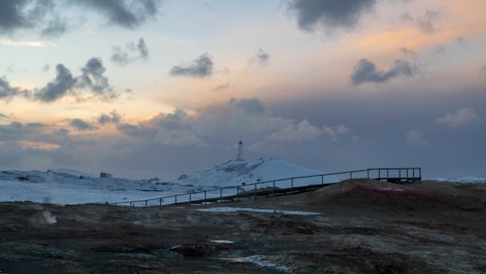 white and black house on brown field under white clouds in Reykjanes Lighthouse Iceland