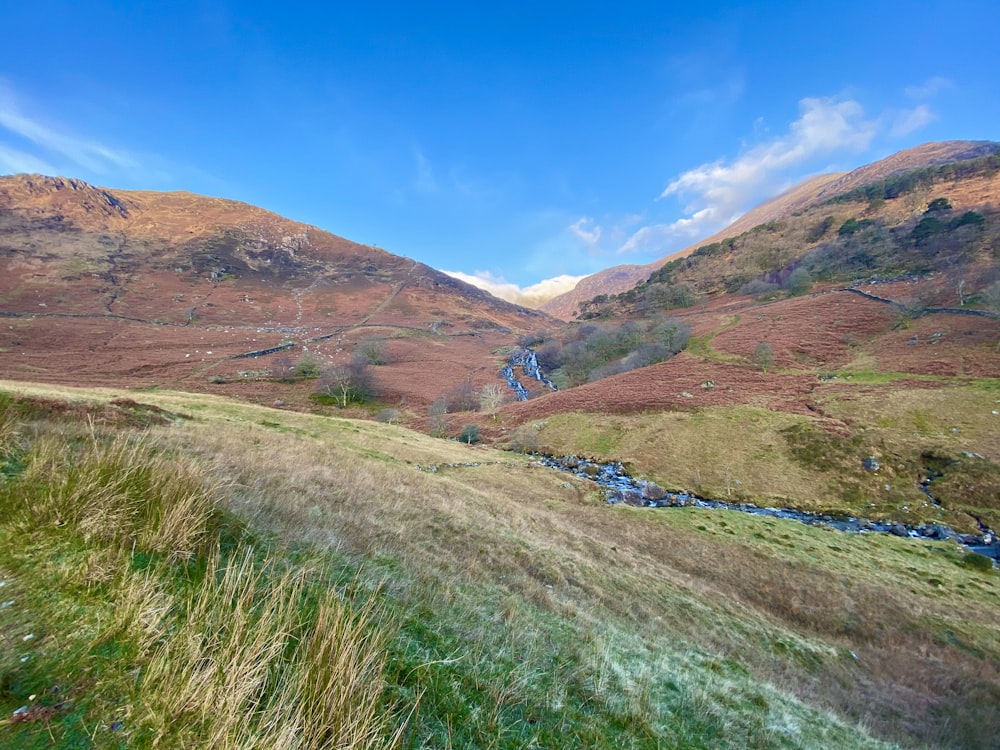 green grass field near mountain under blue sky during daytime