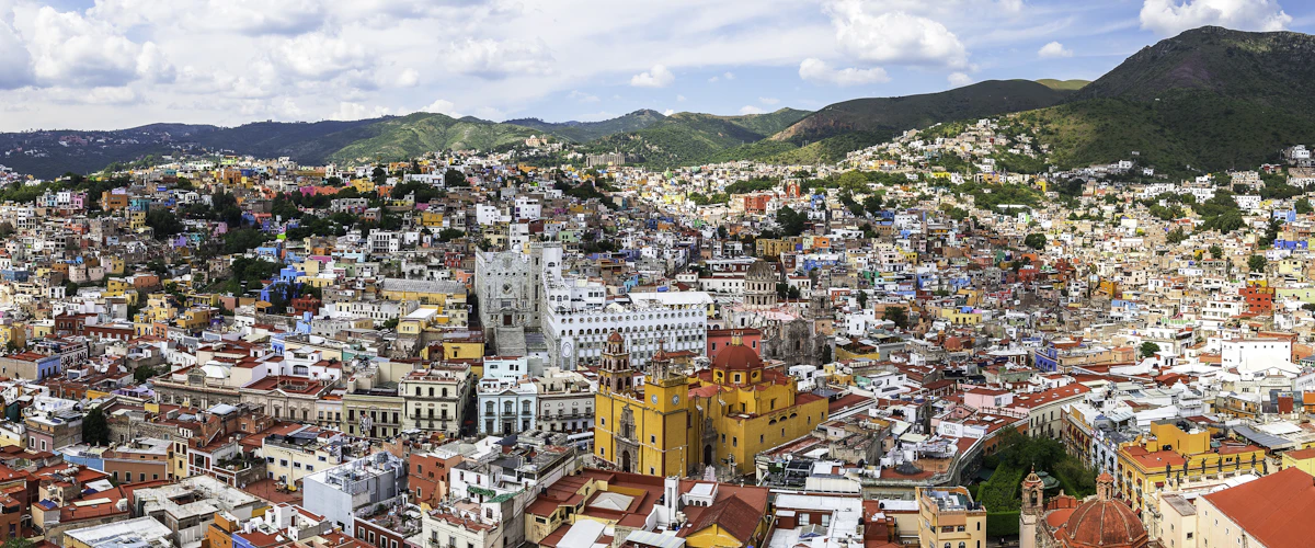 Aerial view of Guanajuato colorful buildings and architecture from above