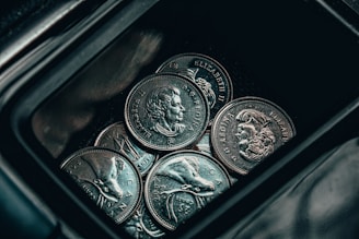 silver round coin on black surface