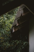 Raindrops fall from an angled corrugated metal roof surrounded by lush green foliage. The area appears quiet and serene, with droplets visibly tracing lines as they descend. The greenery is dense, enveloping the structure and adding to the tranquil atmosphere.