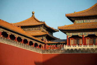 Traditional Chinese architecture with red temples and ornate roofs surrounded by blooming cherry blossoms.