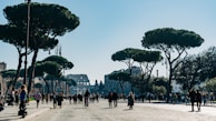 A busy street scene with numerous people walking and cycling on a wide, cobbled avenue. Large, distinctive umbrella pine trees line the street, casting shadows on the ground. In the distance, the ancient Colosseum is visible under a clear blue sky, surrounded by historical buildings.
