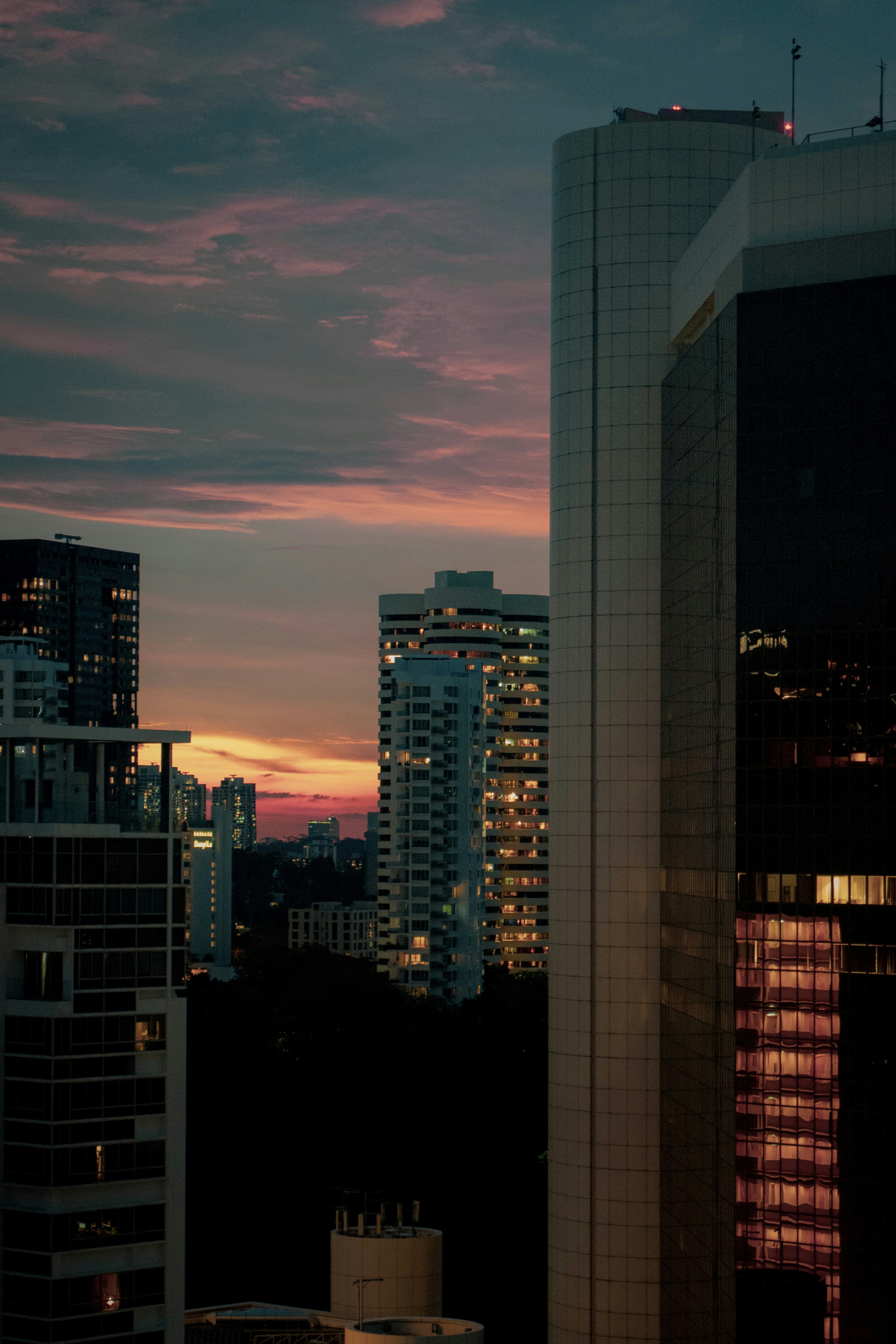 city skyline during night time