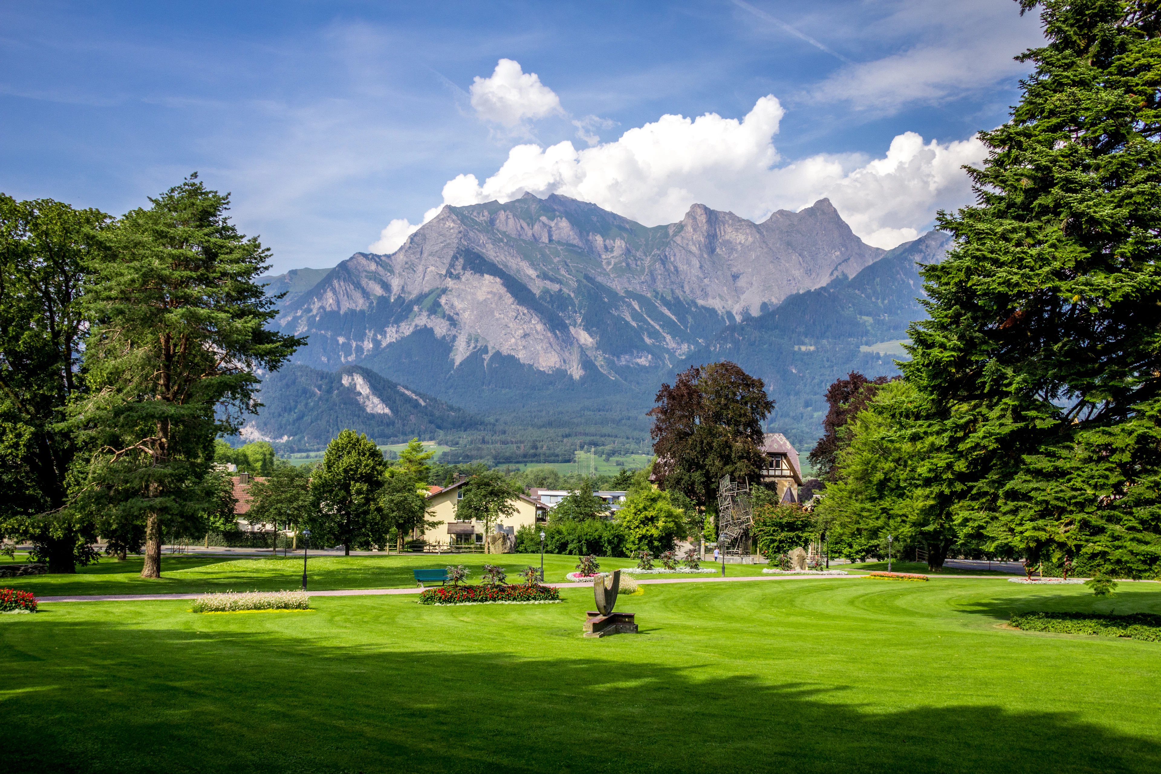 A green meadow with trees and distant mountains, like the grounds of Elfenau park by the Aare
