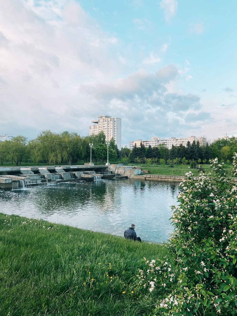 Champ d’herbe verte près de la rivière sous des nuages blancs pendant la journée