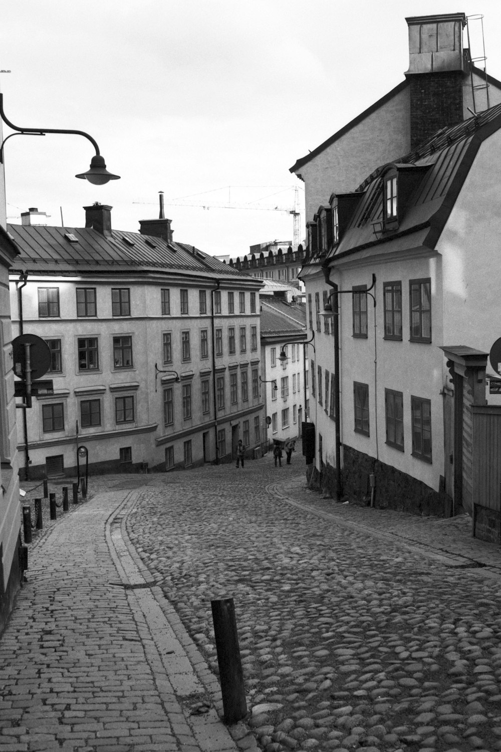 grayscale photo of houses near road