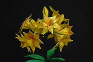 A cluster of origami flowers with intricate folds and vibrant yellow petals, supported by green paper stems and leaves, set against a dark background.