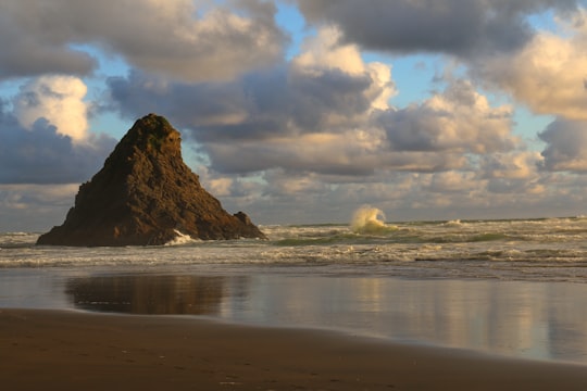 brown rock formation on sea under white clouds during daytime in Karekare New Zealand