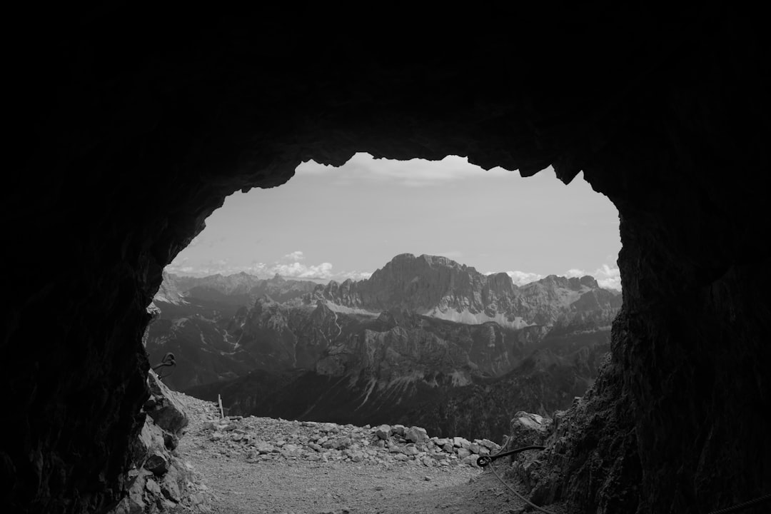 grayscale photo of rocky mountain