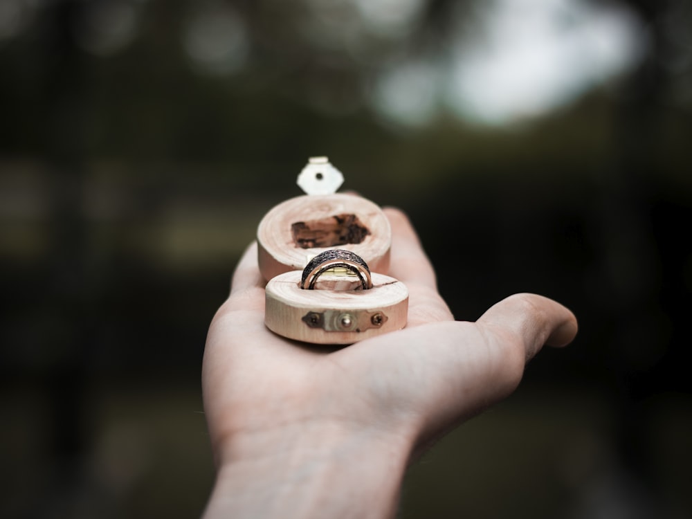 person holding brown and white plastic toy