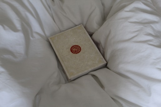 A closed book with an ornate cover featuring a central red emblem rests on a set of white, fluffy pillows or bed linens.