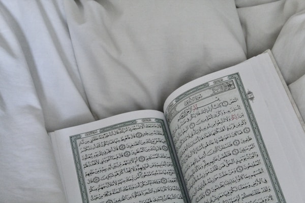 An open book with Arabic text is laid on a soft, light grey surface. The script is printed in a clear, traditional style, carefully organized into verses, some of which are highlighted in red.