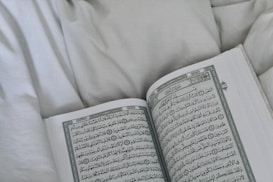 An open book with Arabic text is laid on a soft, light grey surface. The script is printed in a clear, traditional style, carefully organized into verses, some of which are highlighted in red.