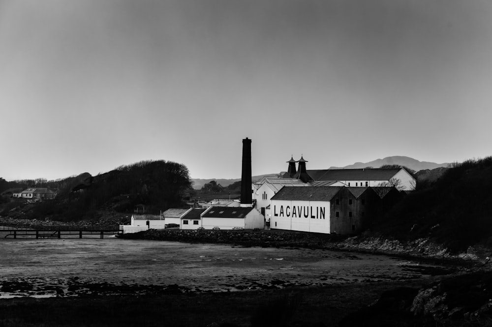 grayscale photo of houses near body of water