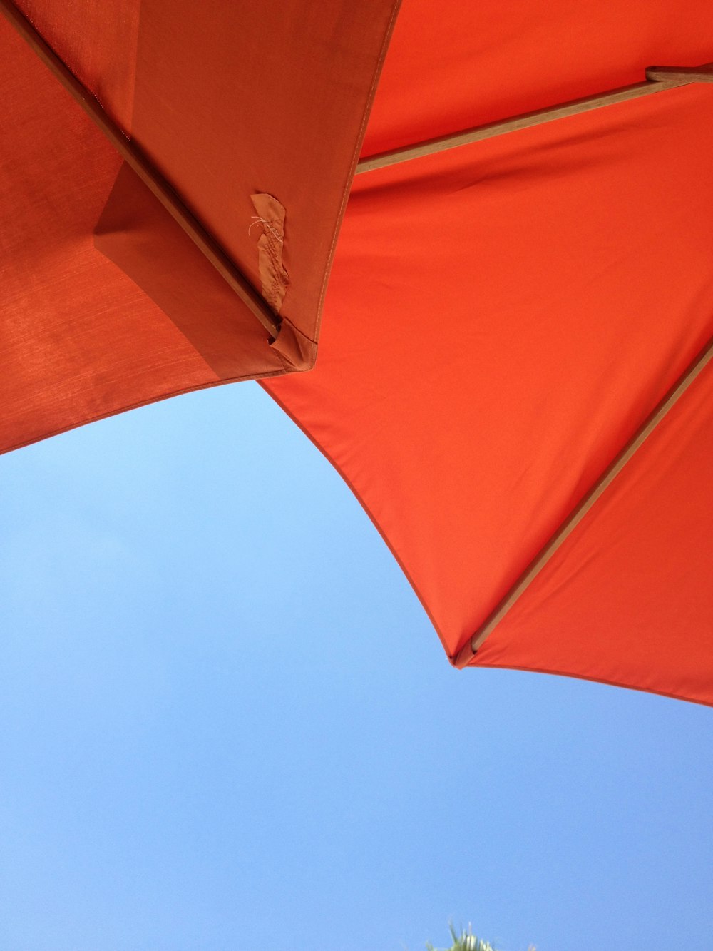 낮 동안 푸른 하늘 아래 빨간 우산