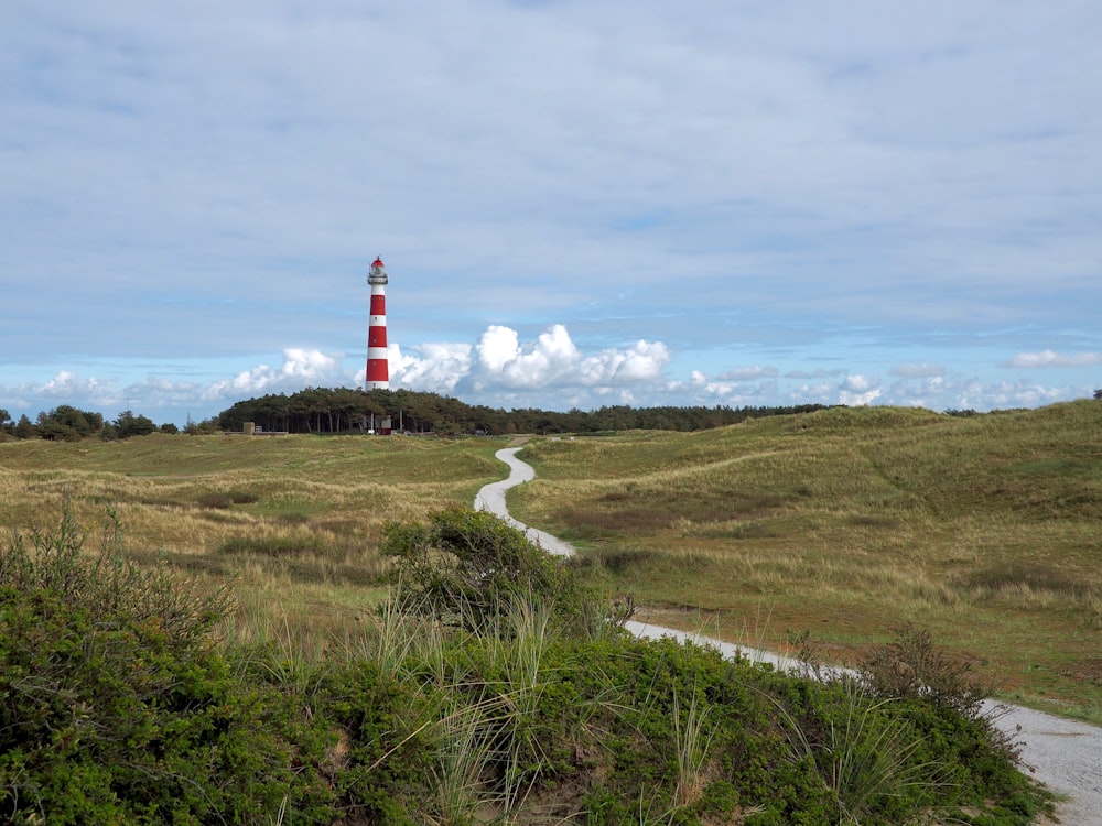 white and red lighthouse on green grass field under blue sky during daytime