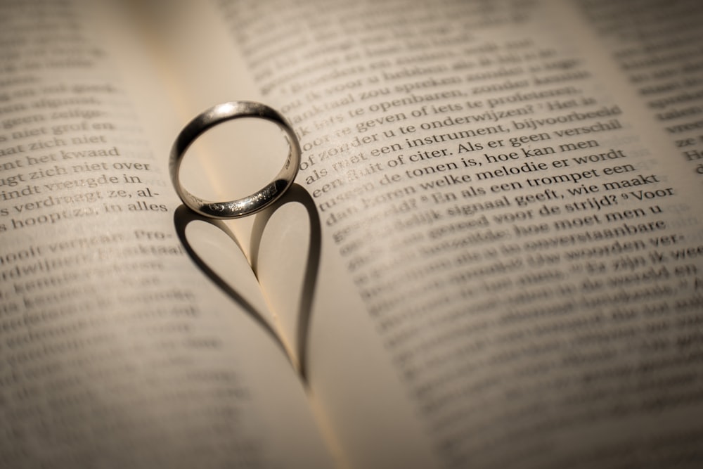 silver wedding band on book page