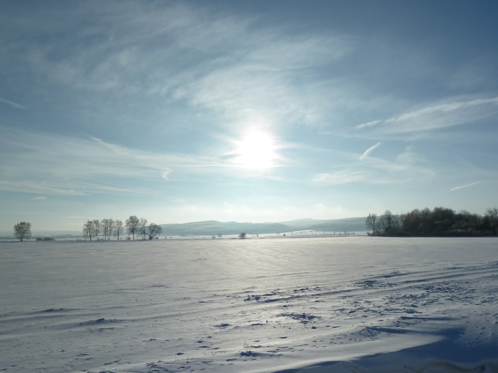 Champ couvert de neige blanche sous le ciel bleu pendant la journée