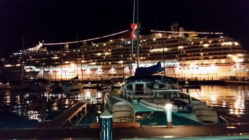 white and blue ship on dock during night time