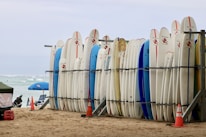 A row of surfboards is neatly lined up on a rack on a sandy beach. Some surfboards are decorated with logos and have colorful designs. In the background, there are a few beach umbrellas, and the ocean is visible with gentle waves.