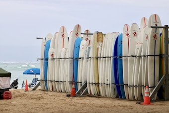A row of surfboards is neatly lined up on a rack on a sandy beach. Some surfboards are decorated with logos and have colorful designs. In the background, there are a few beach umbrellas, and the ocean is visible with gentle waves.