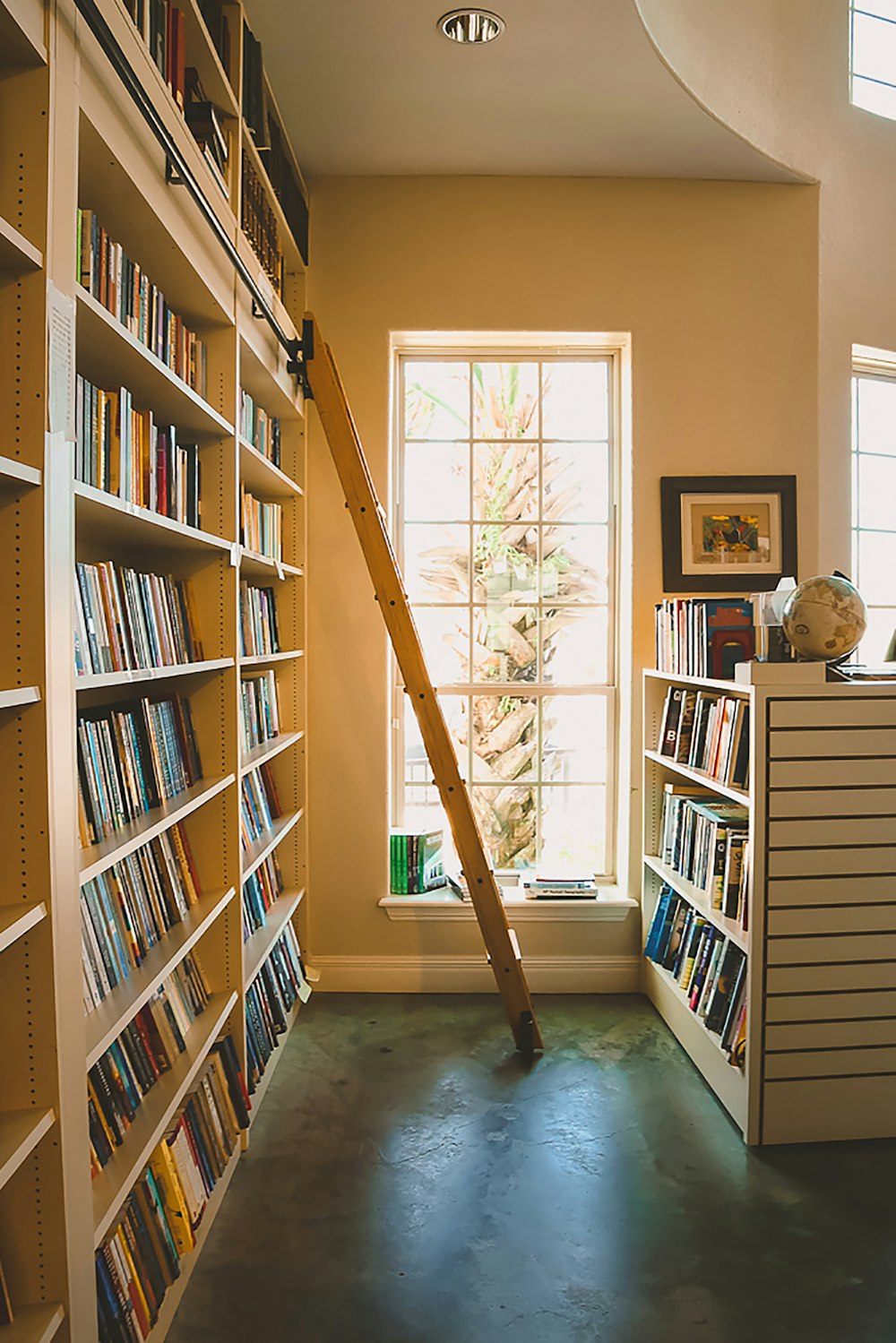 brown wooden ladder leaning on white wooden book shelf
