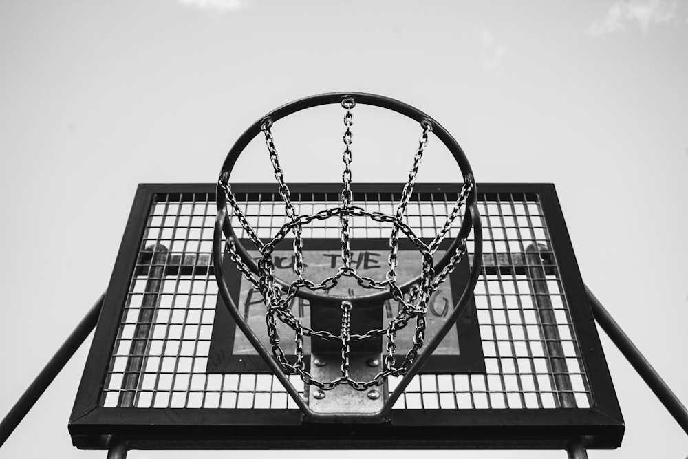 grayscale photo of basketball hoop