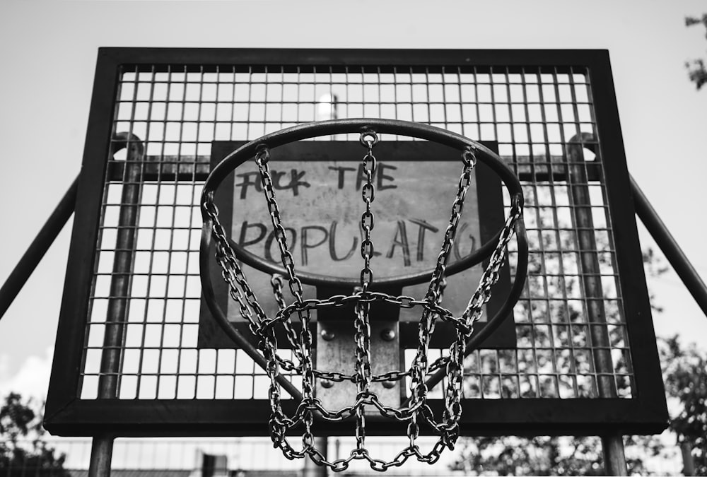 grayscale photo of basketball hoop
