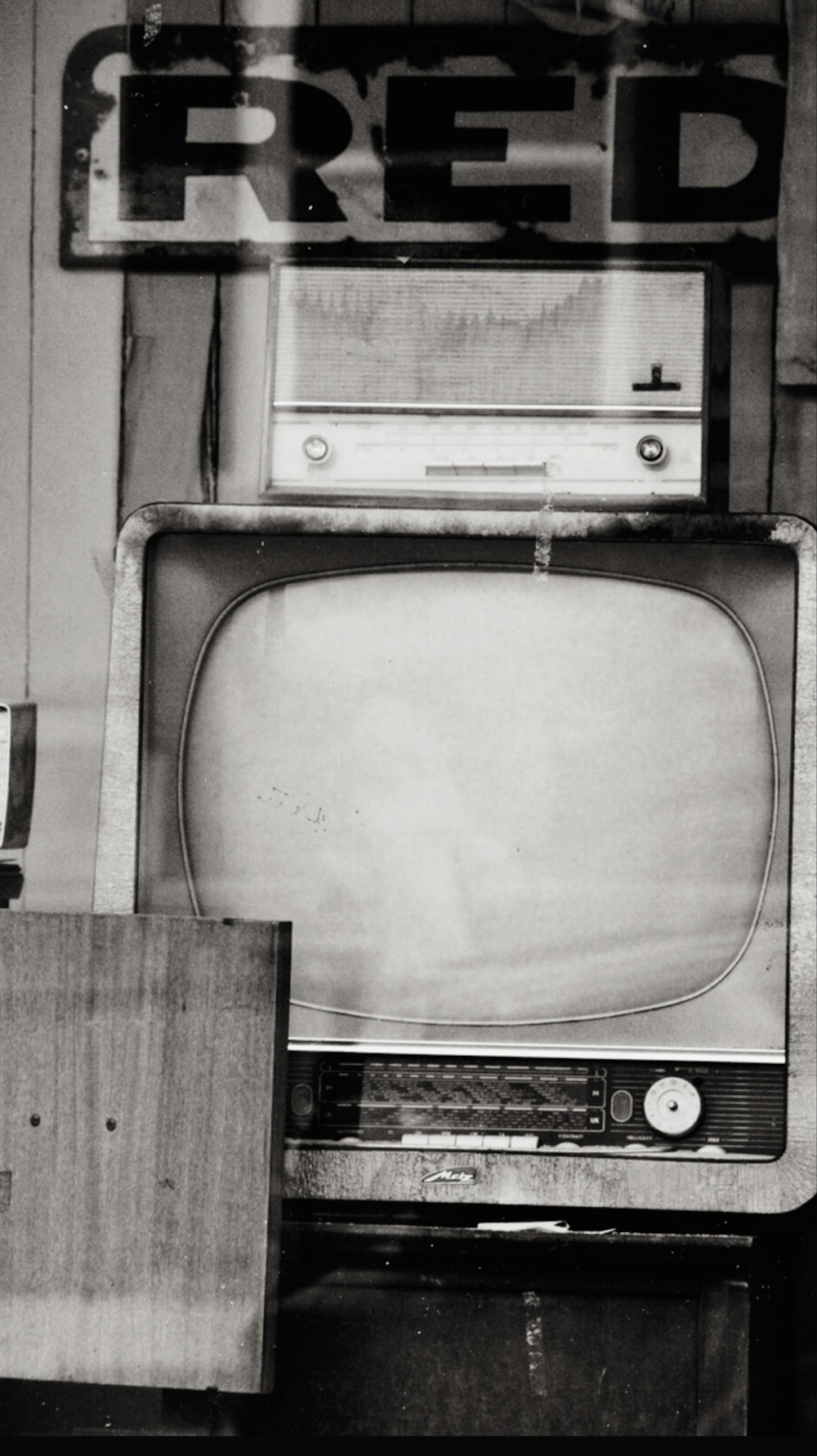 grayscale photo of crt television